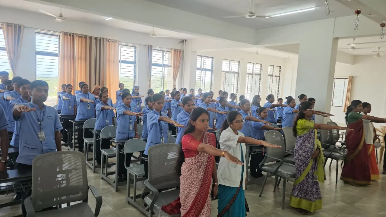 Group photograph after 10 Crore Addiction Free Pledge Mega Campaign at BLDEA College of Nursing Jamkhandi