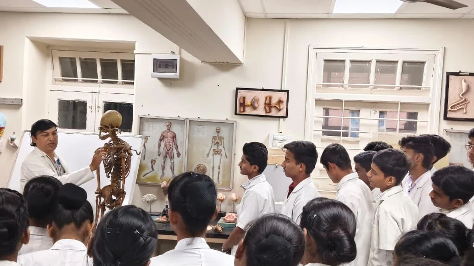 BLDEA College of Nursing Jamkhandi students exploring Anatomy Museum with skeletal models at Shri BM Patil Medical College Hospital Vijayapura during anatomy orientation 2026