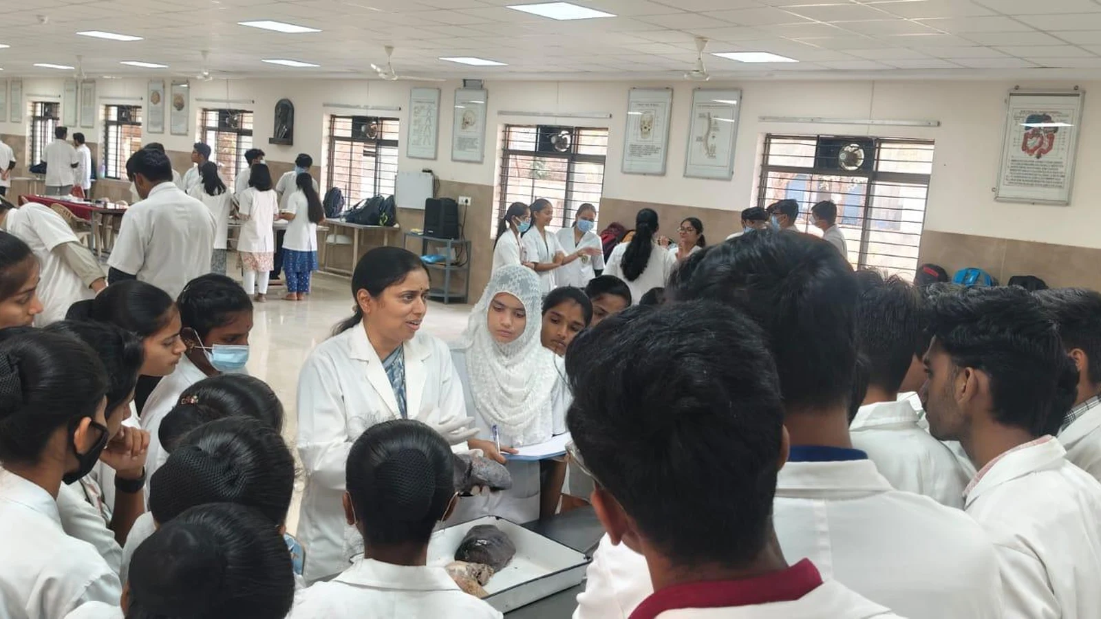 Dr. Sandhya Yatagiri Professor addressing First Semester BSc Nursing students from BLDEA Jamkhandi in the dissection hall at Shri BM Patil Medical College Vijayapura during anatomy orientation