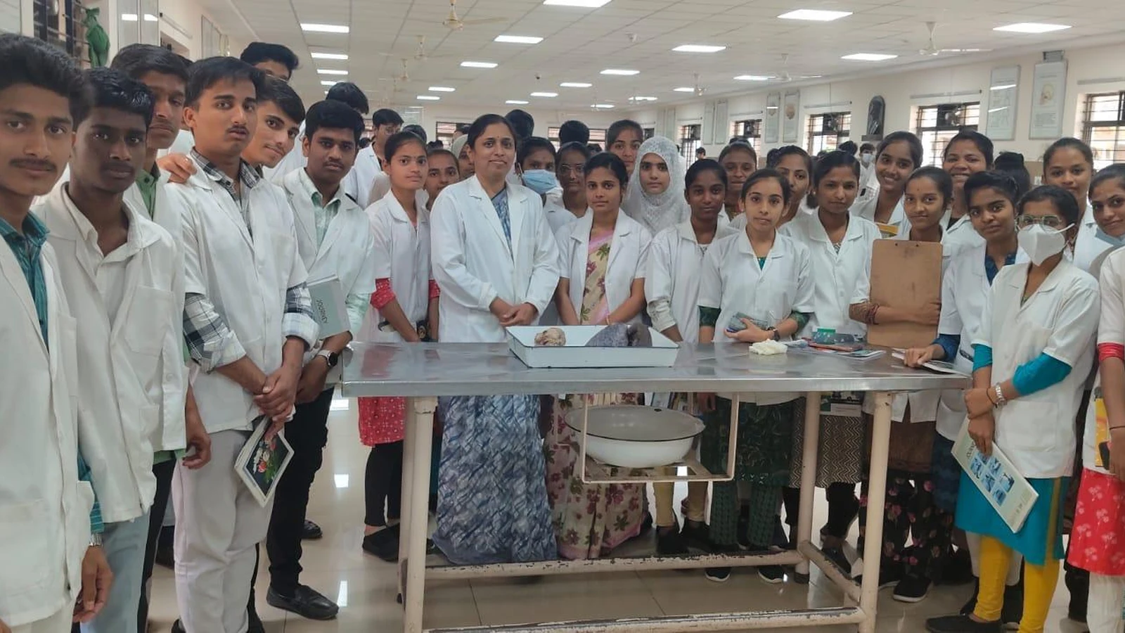 BLDEA College of Nursing Jamkhandi First Semester BSc Nursing students and faculty group photo in Physiology Department at Shri BM Patil Medical College Hospital Research Centre Vijayapura