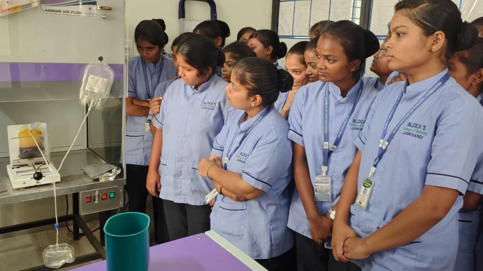 B.Sc. Nursing students observing blood component separation equipment at Jeevan Blood Bank Centre Jamkhandi