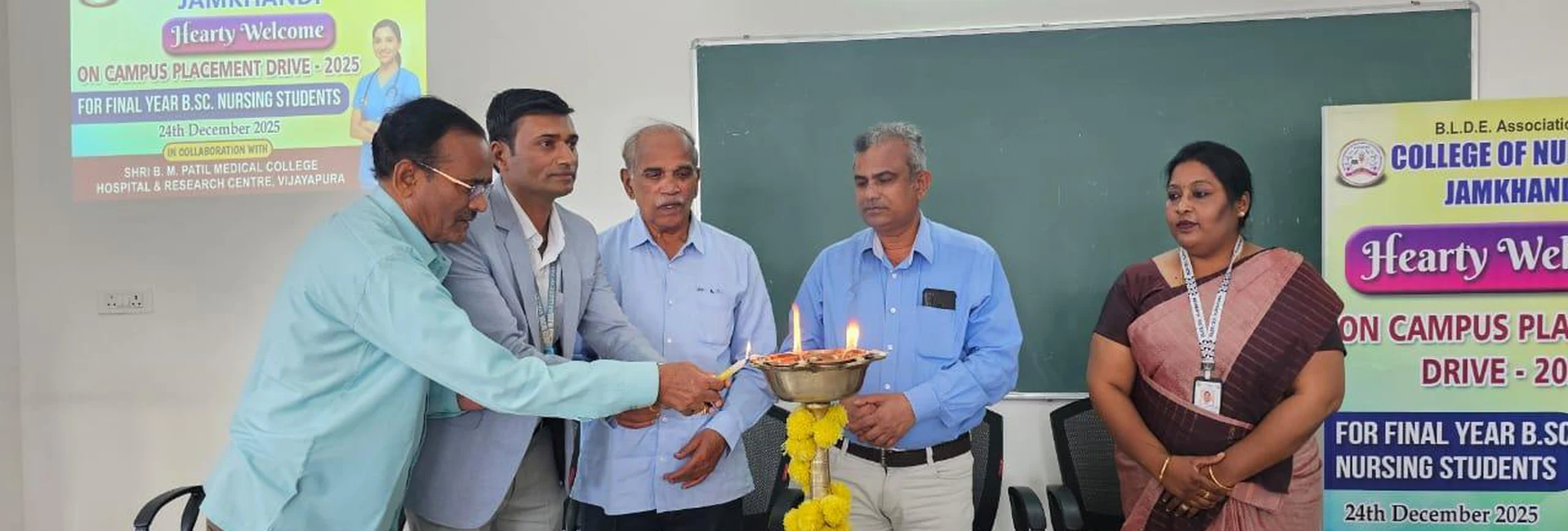 Dignitaries including Principal Dr Veerabhadrappa G Mendagudli lighting ceremonial lamp at inauguration of Campus Placement Drive 2025 at BLDEA College of Nursing Jamkhandi December 24 2025