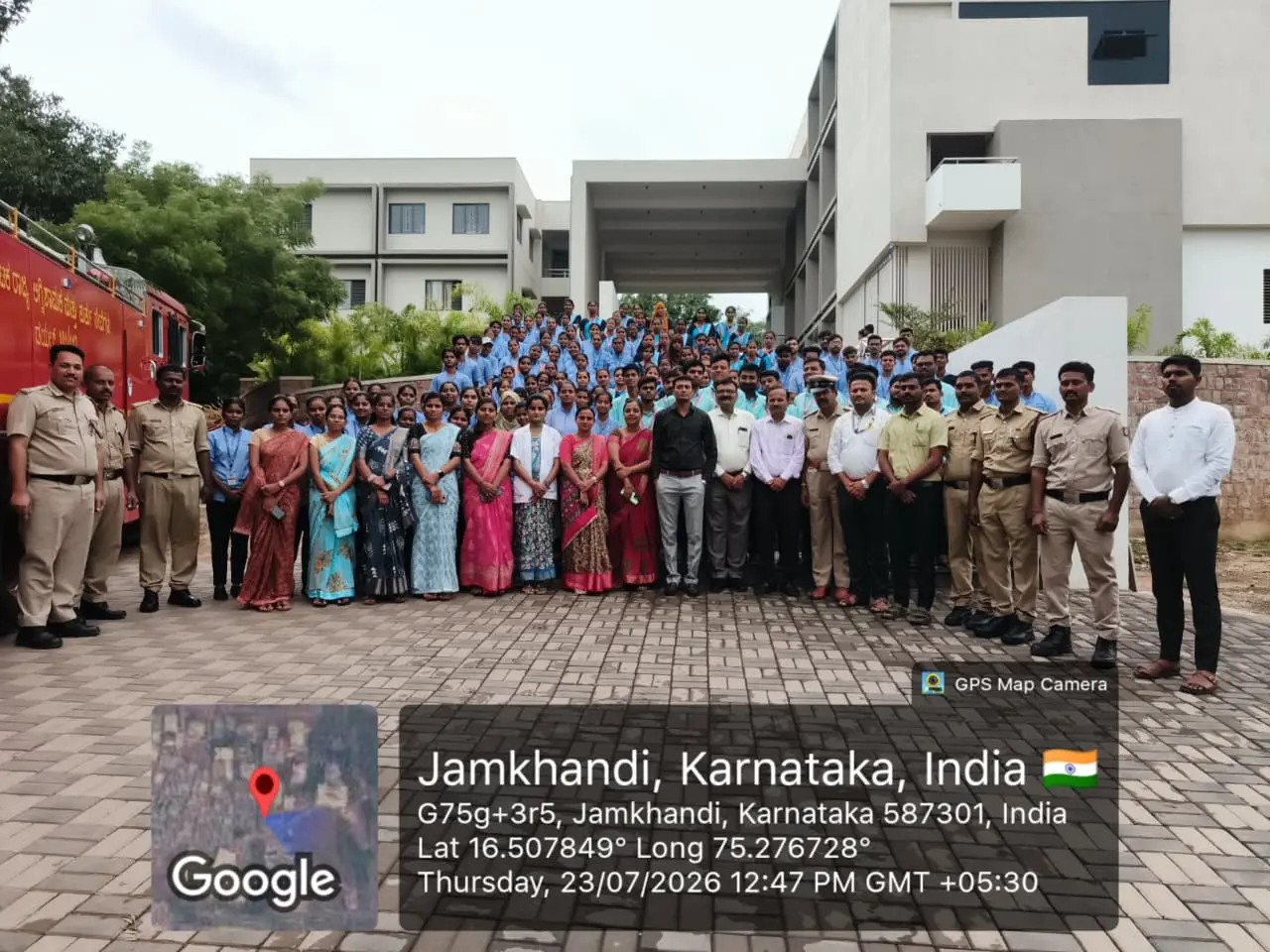 Group photograph of nursing students faculty and Karnataka Fire and Emergency Services team after mock drill Jamkhandi July 2026