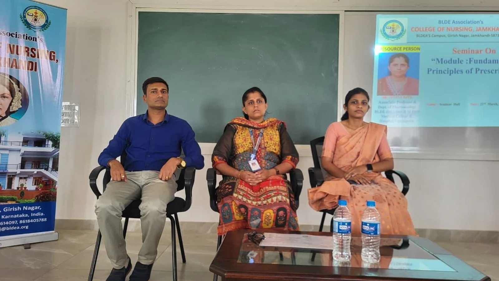 Dignitaries and guest speaker Dr. Jyoti S. Patil seated at dais at Seminar on Fundamental Principles of Prescribing – BLDEA College of Nursing Jamkhandi