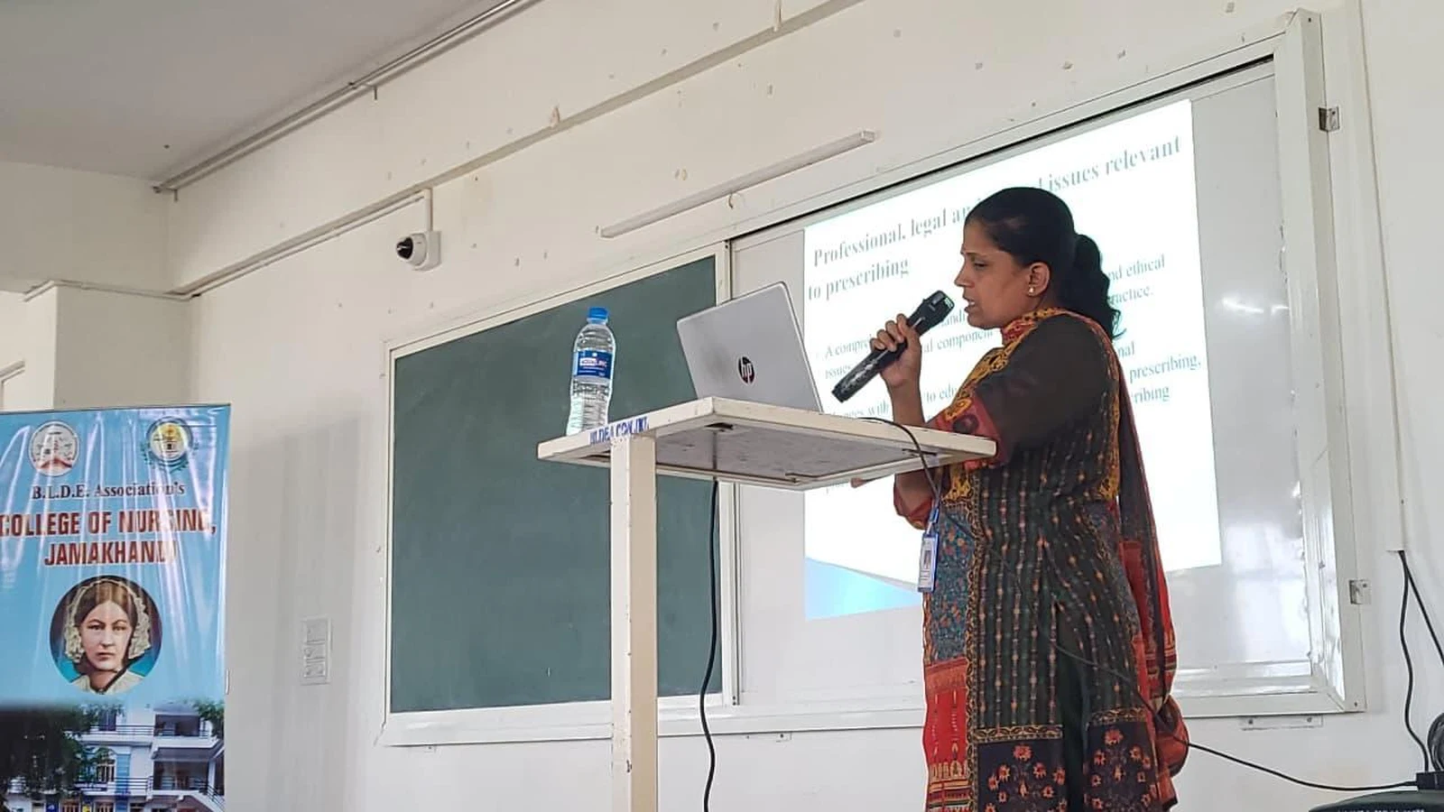 Dr. Jyoti S. Patil Associate Professor Pharmacology BLDE University delivering lecture on prescribing principles at BLDEA College of Nursing Jamkhandi