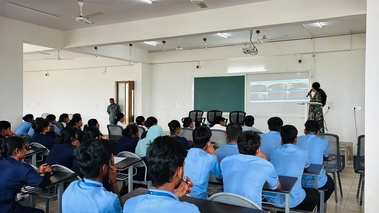 B Sc Nursing students attentively listening to guest lecture on skin and hair care at BLDEA College of Nursing Jamkhandi
