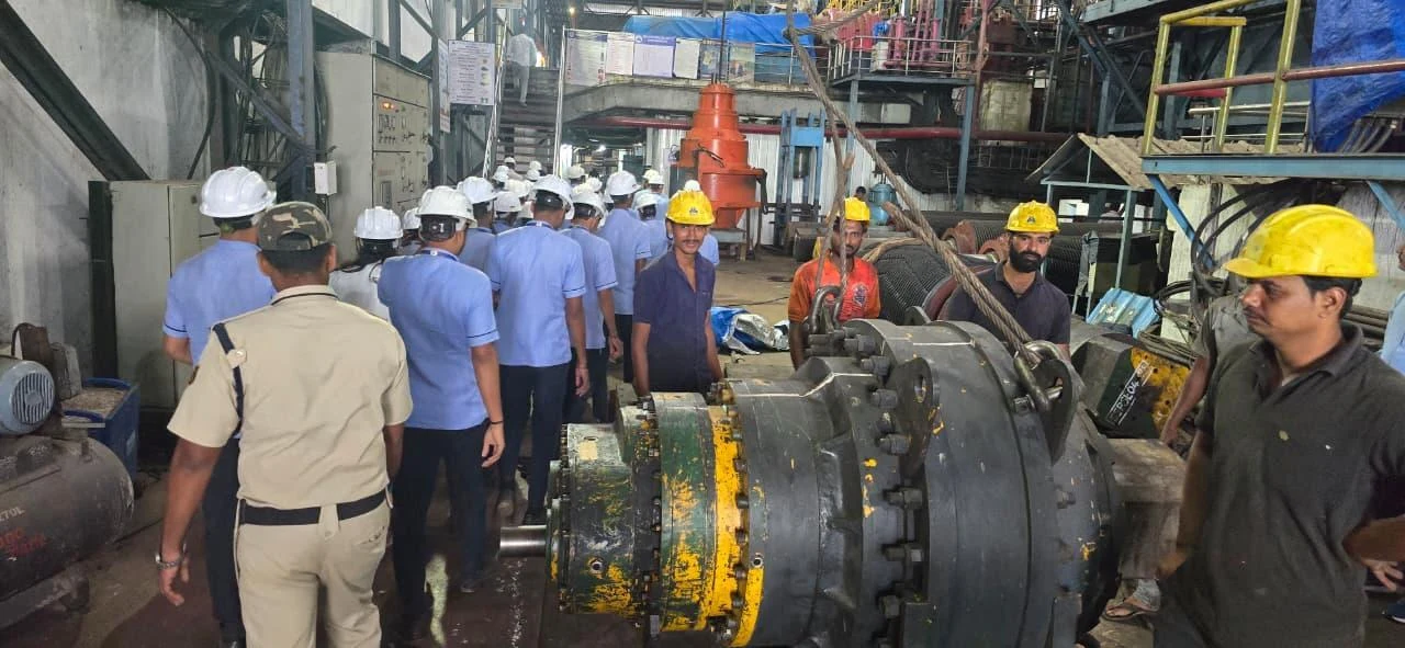 Students inspecting mill machinery at Nirani Sugars Factory – Industrial Visit 2026, BLDEA College of Nursing Jamkhandi