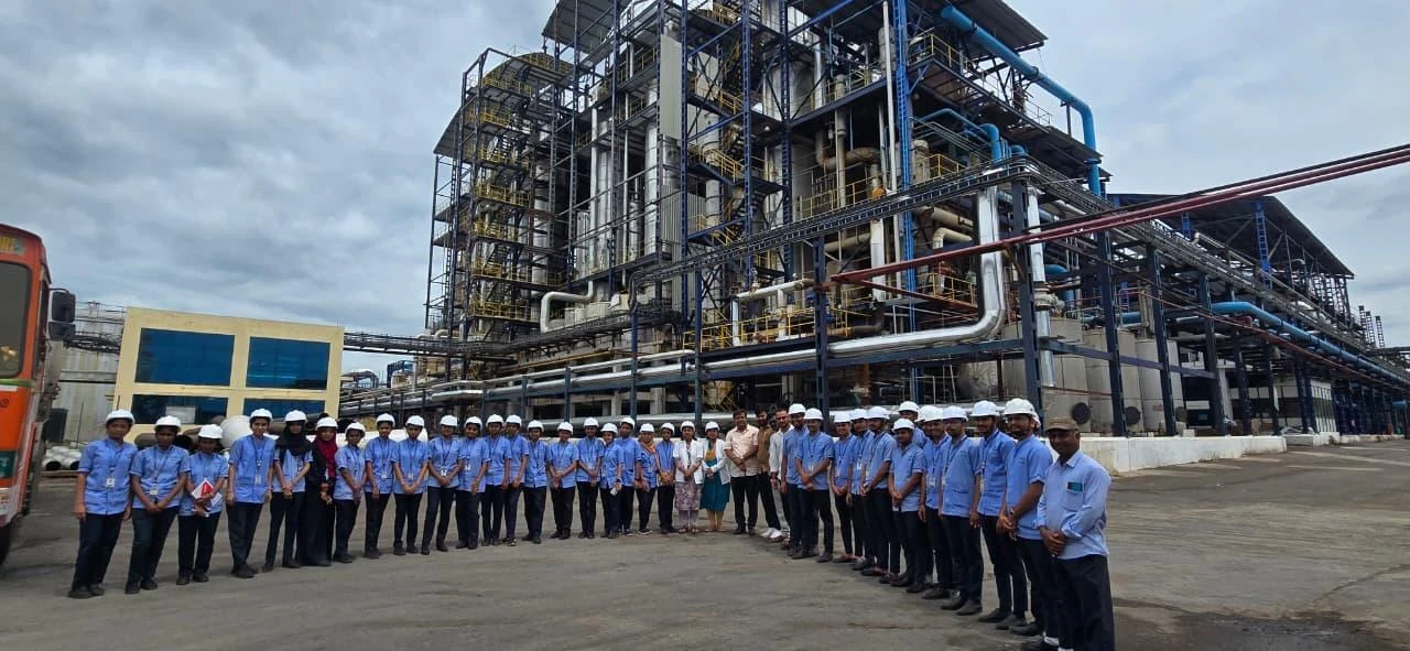 Group photo at distillery plant – Industrial Visit 2026, BLDEA College of Nursing Jamkhandi