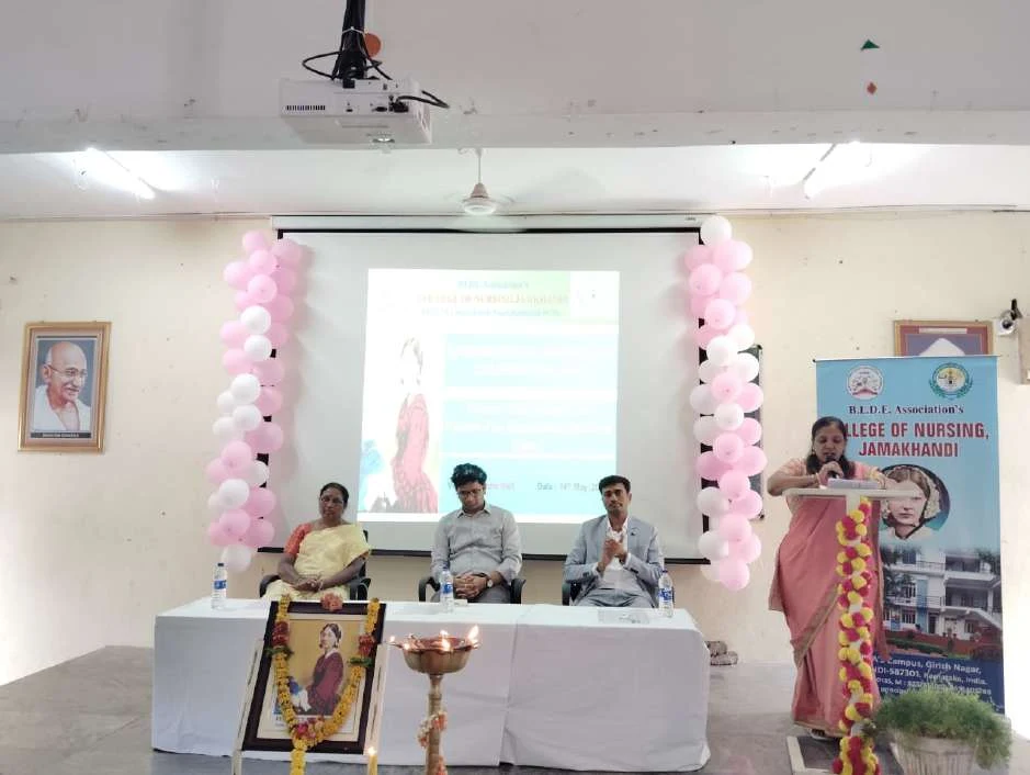 Panel at dais with guests – International Nurses Day 2024, BLDEA College of Nursing Jamkhandi
