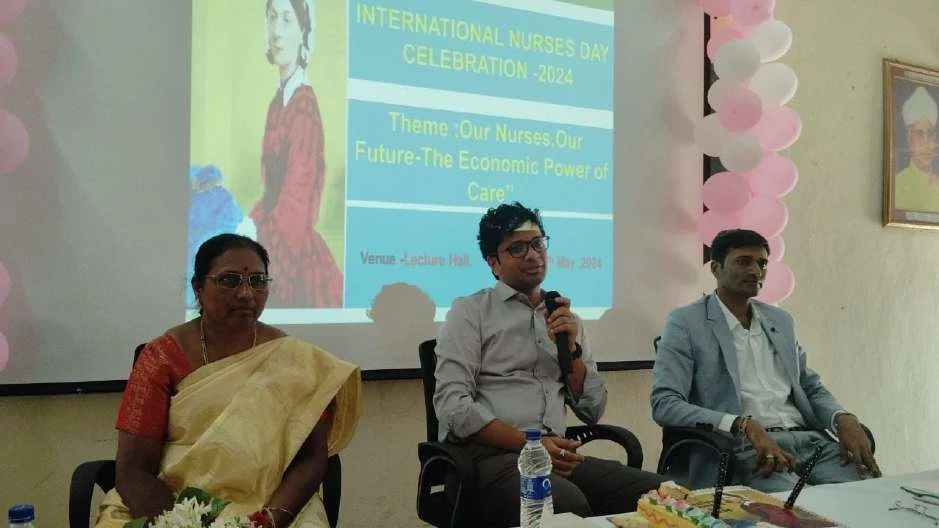 Panel at dais – Dr Vijay Maitri, Mrs Shakuntala Walake, Dr Veerabhadrappa Mendagudli, International Nurses Day 2024, BLDEA College of Nursing Jamkhandi