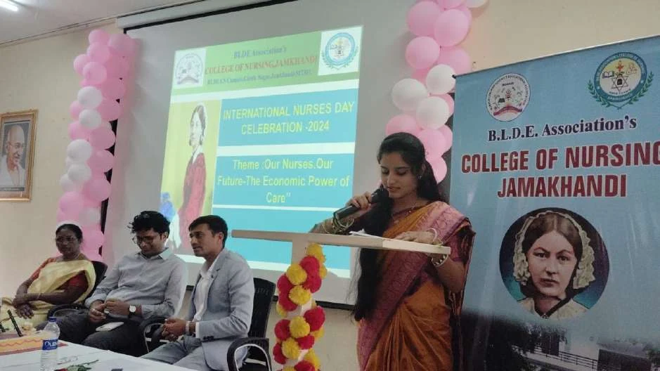 MC addressing the gathering – International Nurses Day 2024, BLDEA College of Nursing Jamkhandi