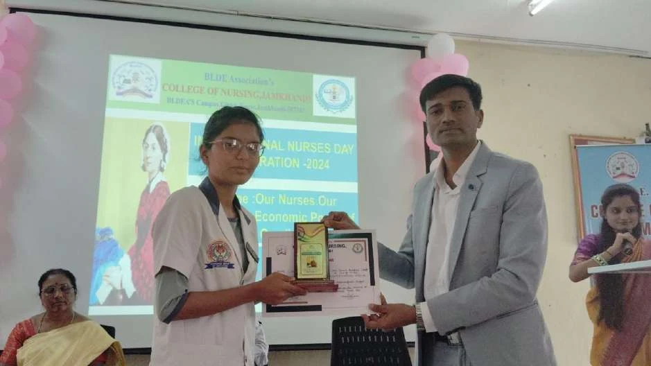 Award presentation to student – International Nurses Day 2024, BLDEA College of Nursing Jamkhandi