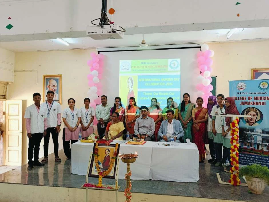 Large group photo with students and faculty – International Nurses Day 2024, BLDEA College of Nursing Jamkhandi