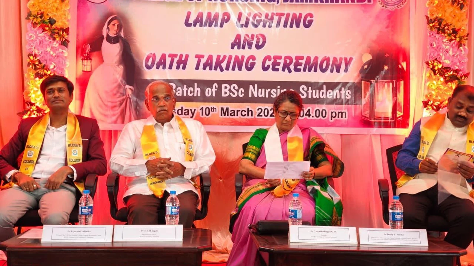 Dignitaries seated at dais at Lamp Lighting and Oath Taking Ceremony 2026 for 5th Batch BSc Nursing students – BLDEA College of Nursing Jamkhandi