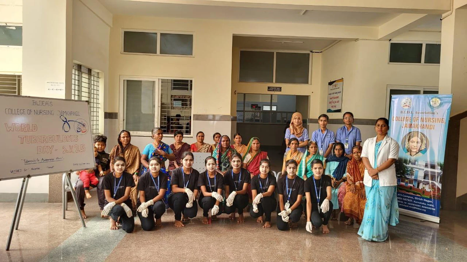 Final group photo of third semester BSc Nursing students coordinator Ms Savitri J and audience at World Tuberculosis Day 2025 mime awareness program organized by BLDEAS College of Nursing Jamkhandi at Taluka Hospital OPD March 25 2025