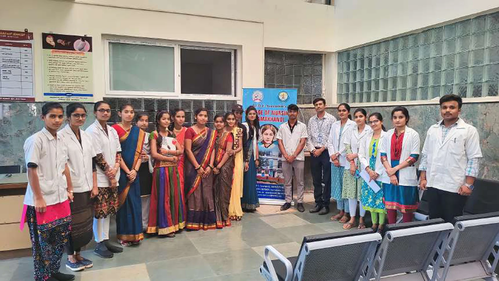 Final group photo of first semester BSc Nursing students and faculty after National Girl Child Day awareness skit at Tungal Hospital Jamkhandi organized by BLDEAS College of Nursing Jamkhandi with BLDEAS rollup banner January 24 2024