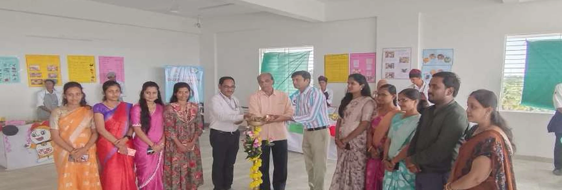 Prof SH Lagali Administrative Officer BLDE Association Jamkhandi Dr PD Pol Principal BLDEAs Degree College Jamkhandi and Dr Veerabhadrappa G Mendagudli Principal BLDEAs College of Nursing Jamkhandi lighting the inauguration lamp at Nutrition Exhibition and Demonstration Programme 2024 held at Nutrition Lab BLDEAs College of Nursing Jamkhandi on September 11 2024 organized by second semester BSc Nursing students