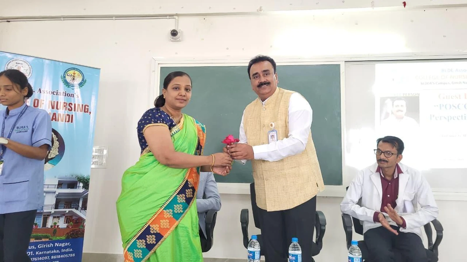 Faculty welcoming and felicitating Dr. Udaykumar C. Nuchhi at Guest Lecture on POCSO Act – BLDEA College of Nursing Jamkhandi