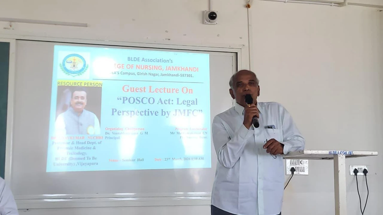 Principal Dr. Veerabhadrappa G. Mendagudli delivering presidential address at Guest Lecture on POCSO Act Legal Perspective – BLDEA College of Nursing Jamkhandi