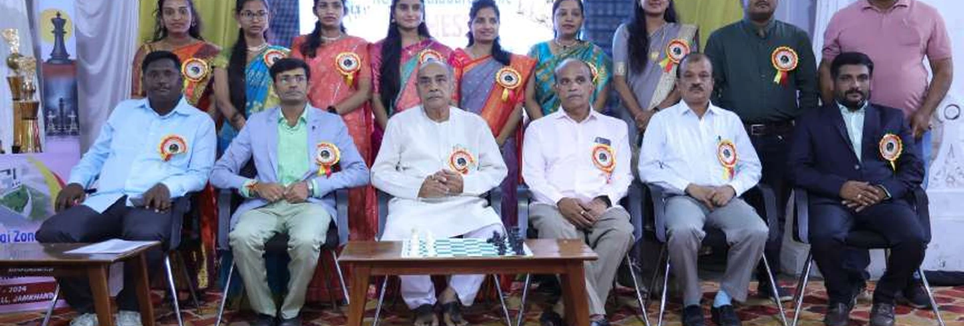 Dignitaries and organizing team at RGUHS Kalaburagi Zone Chess Men and Women Tournament 2024 hosted by BLDEAS College of Nursing Jamkhandi at Darbar Hall BLDEA Campus with BLDEAS College of Nursing Jamkhandi banner visible August 23 24 2024