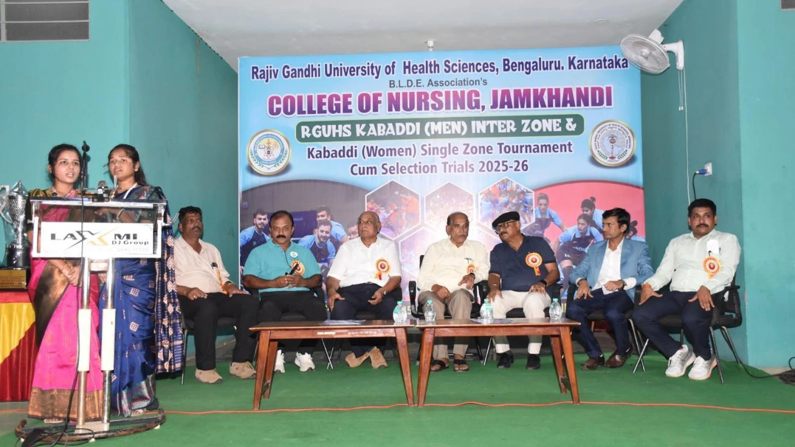 Dignitaries and officials at prize distribution and valedictory function of RGUHS Kabaddi Men Inter Zone and Women Single Zone Tournament cum Selection Trials 2025-26 at BLDEA College of Nursing Jamkhandi Indoor Stadium September 20 2025