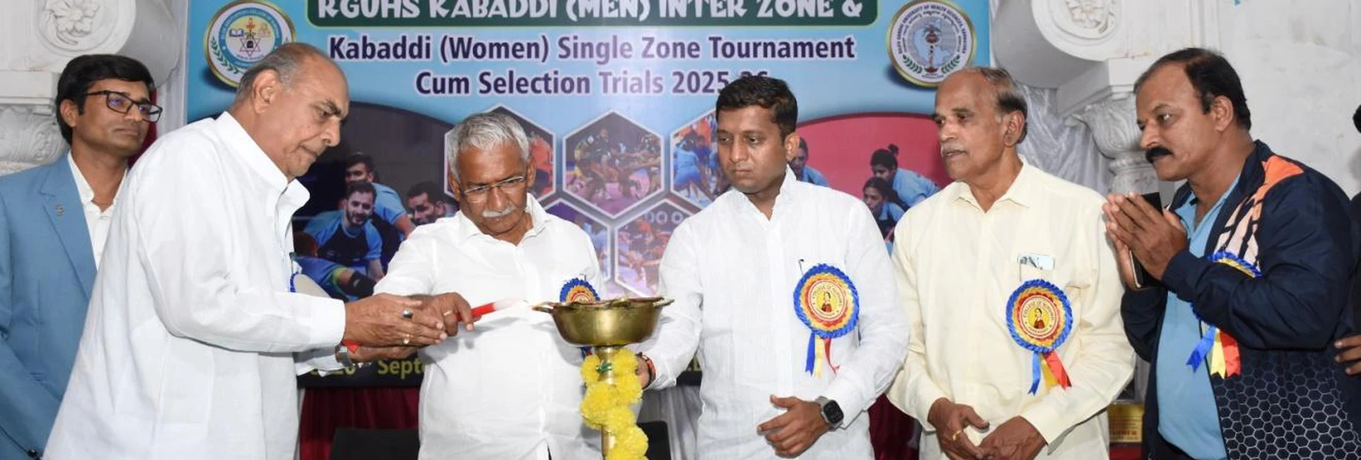Shri R B Timmapur Hon Minister of Excise Government of Karnataka and dignitaries lighting ceremonial lamp at inauguration of RGUHS Kabaddi Men Inter Zone and Women Single Zone Tournament cum Selection Trials 2025-26 hosted by BLDEA College of Nursing Jamkhandi September 19 2025