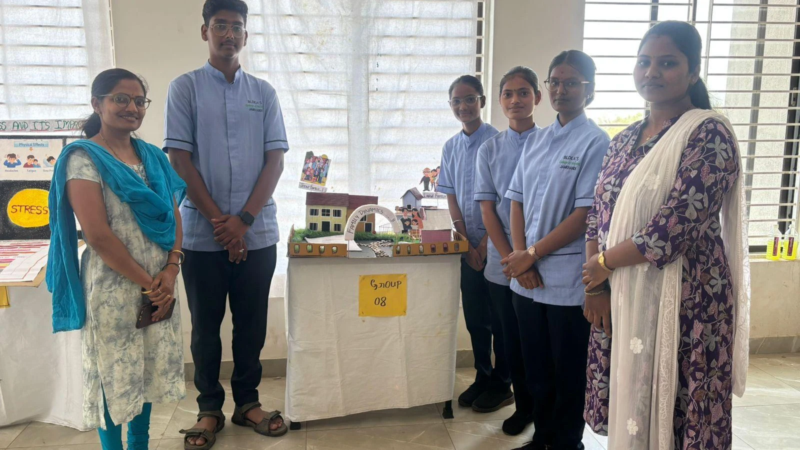 Group VIII students and faculty with Fundamental Rights model at Sociology Psychology Exhibition – BLDEA College of Nursing Jamkhandi