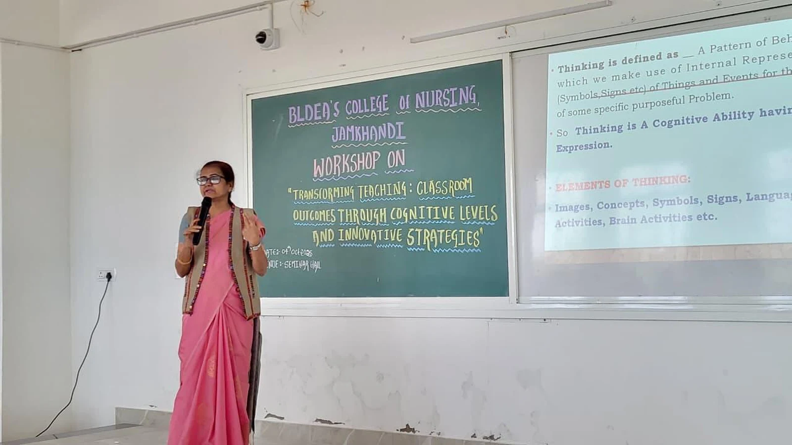 Dr Jyoti Pattanshetti Assistant Professor BLDEA JSS College of Education Vijayapura presenting technical session on Domain and Taxonomy of Objectives at Workshop on Transforming Teaching at BLDEA College of Nursing Jamkhandi October 4 2025