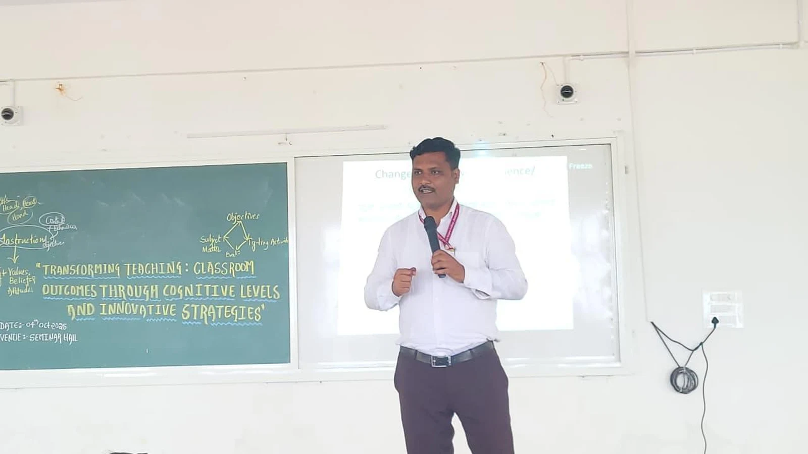 Prof L M Markapanali Associate Professor BLDEA College of Education Jamkhandi presenting technical session on Teaching Plan and Group Activity at Workshop on Transforming Teaching at BLDEA College of Nursing Jamkhandi October 4 2025