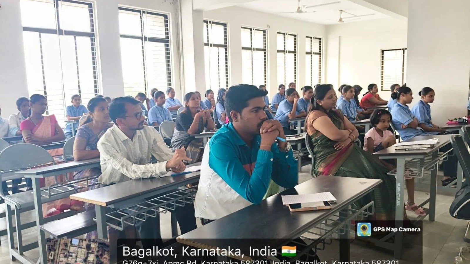 Wide view of participants including nursing staff BBA College staff and sixth semester nursing students attending Workshop on Transforming Teaching Classroom Outcomes at BLDEA College of Nursing Jamkhandi October 4 2025
