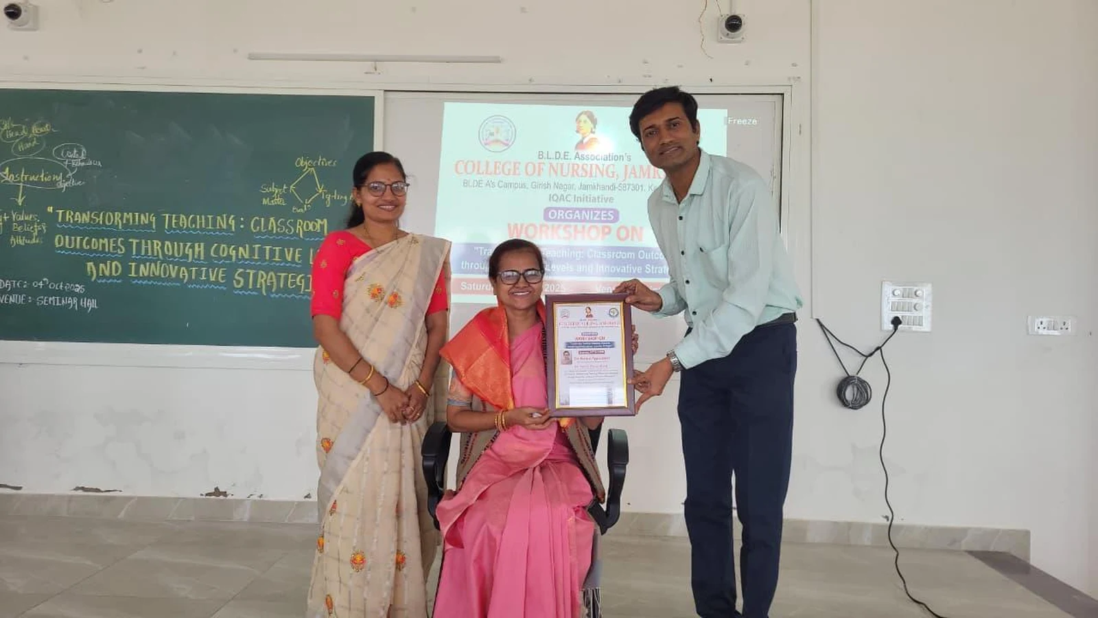 Faculty presenting certificate of appreciation to Dr Jyoti Pattanshetti resource person at Workshop on Transforming Teaching Classroom Outcomes through Cognitive Levels and Innovative Strategies at BLDEA College of Nursing Jamkhandi October 4 2025