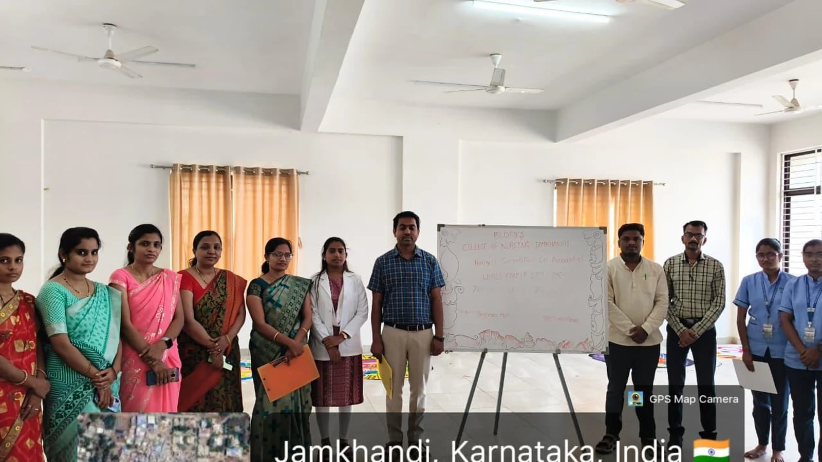 Faculty coordinators judges and participants group photo at BLDEA College of Nursing Jamkhandi after World Cancer Day Rangoli Presentation Competition on 6 February 2026